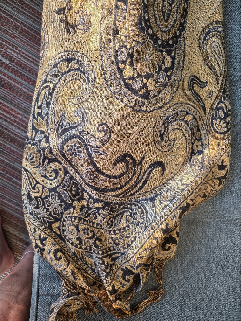 Elegant Gold and Black Paisley Patterned Shawl or scarf with Fringe Edges - Picture 2 of 6